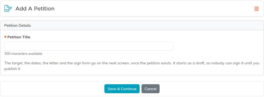 The Add A Petition page asking only for the Petition Title, with Save & Continue