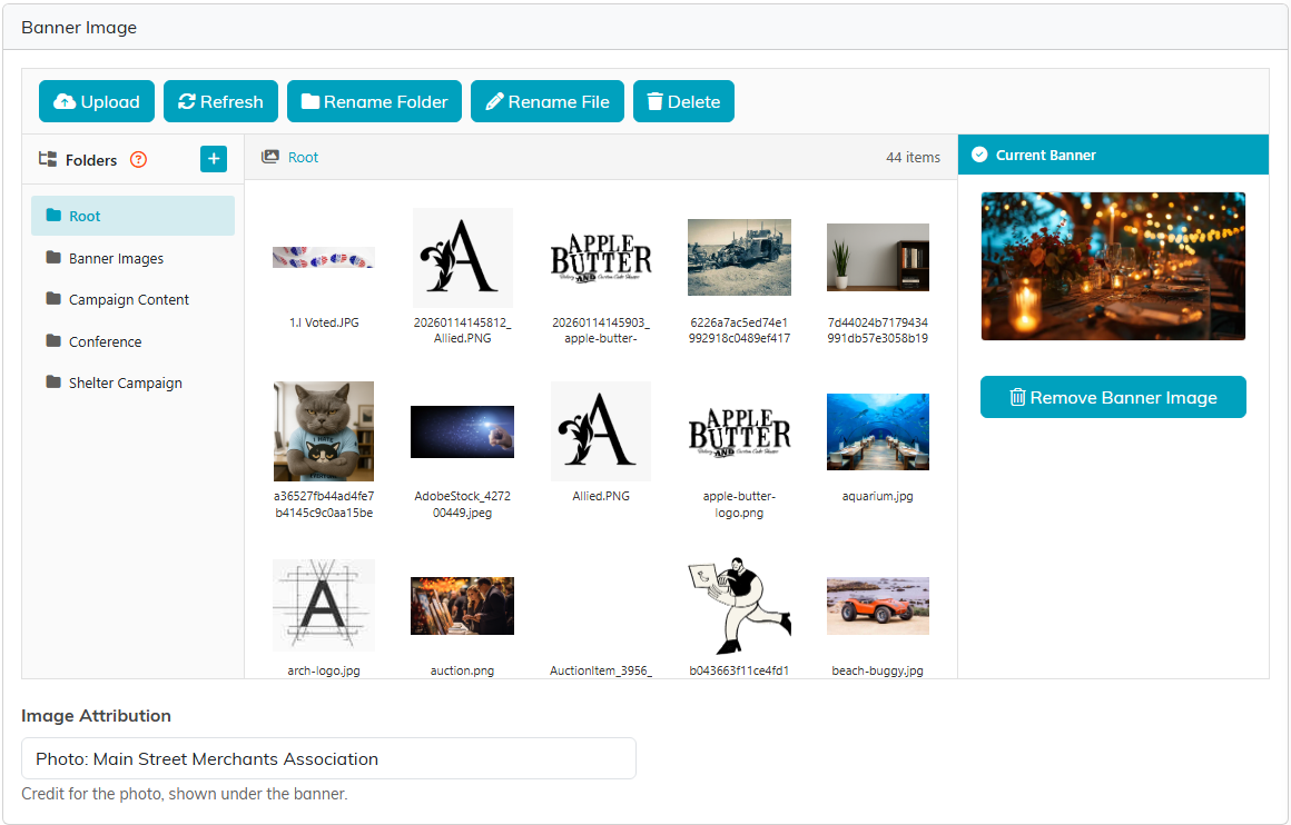 The Banner Image card with the image library, the Current Banner preview and the Image Attribution box