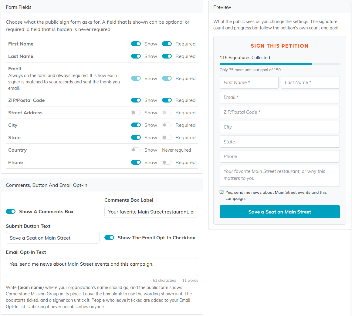The Sign Form tab with Show and Required switches for each box, the comments and opt-in settings, and the live Preview of the sign box