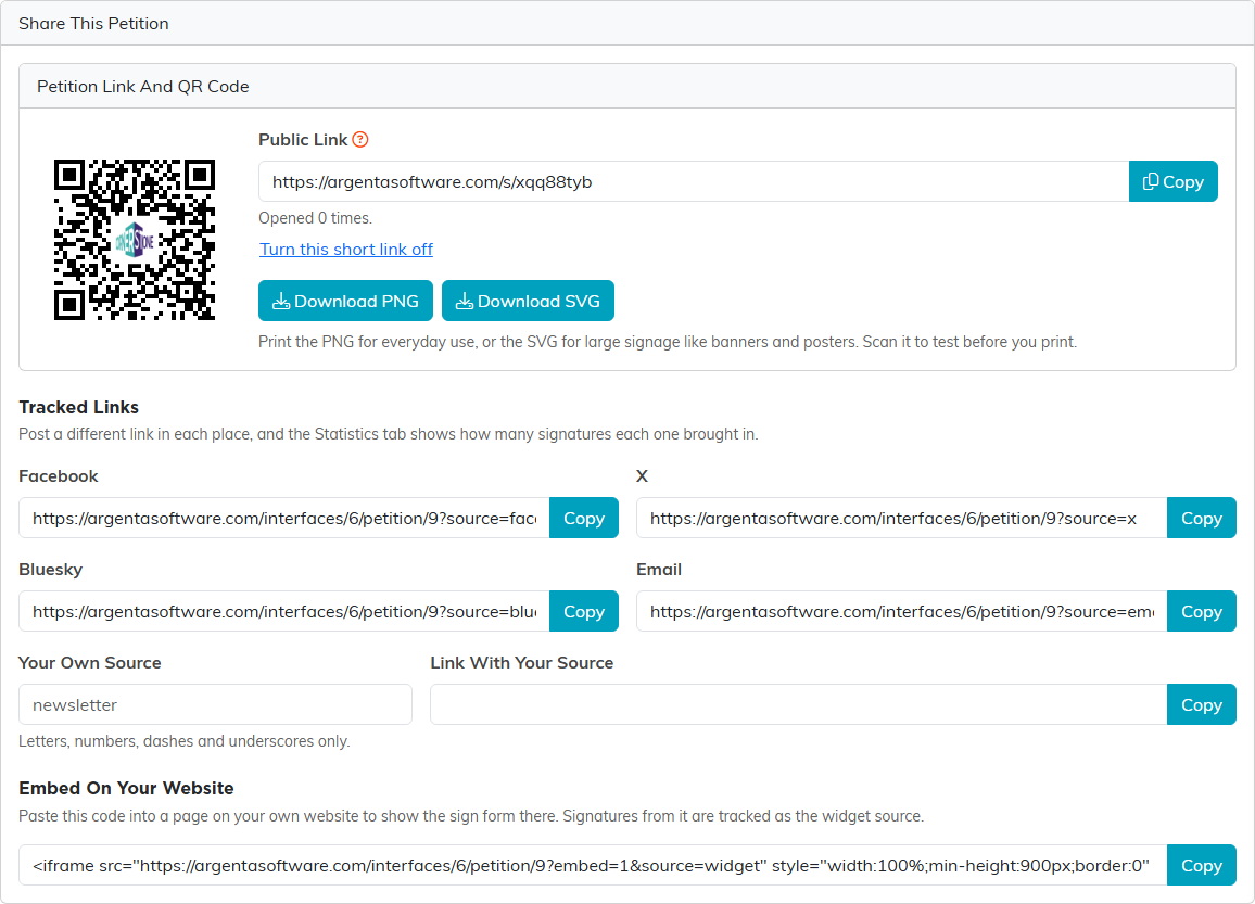 The Share This Petition card with the petition link and QR code, Tracked Links for Facebook, X, Bluesky and Email, Your Own Source and the Embed On Your Website code