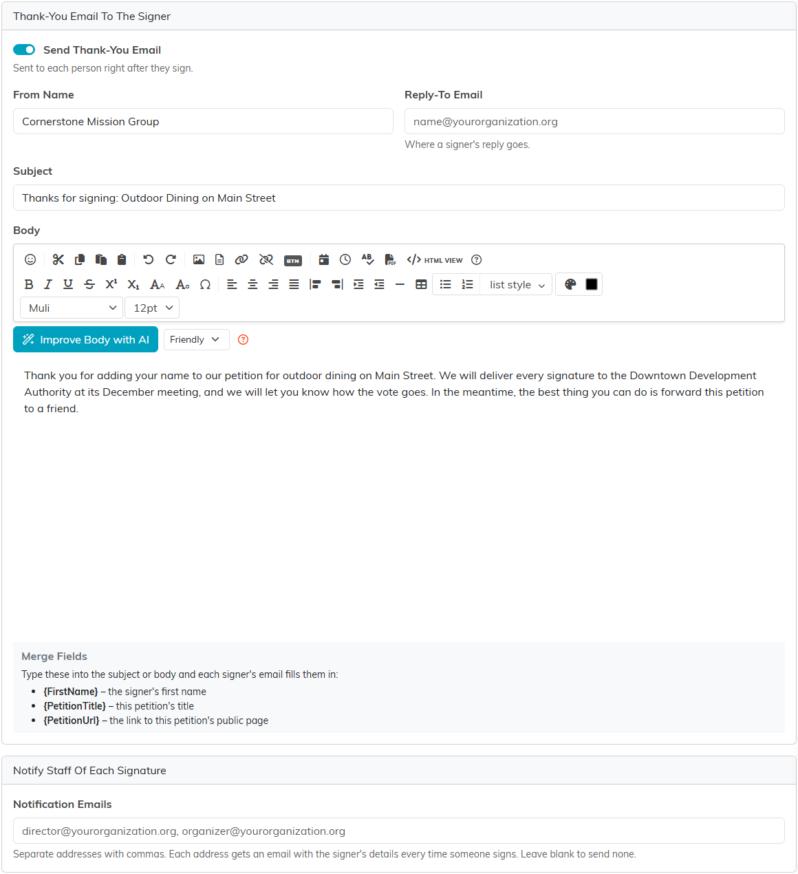 The Emails tab with the Send Thank-You Email switch, From Name, Reply-To Email, Subject, Body, the Merge Fields box and Notification Emails