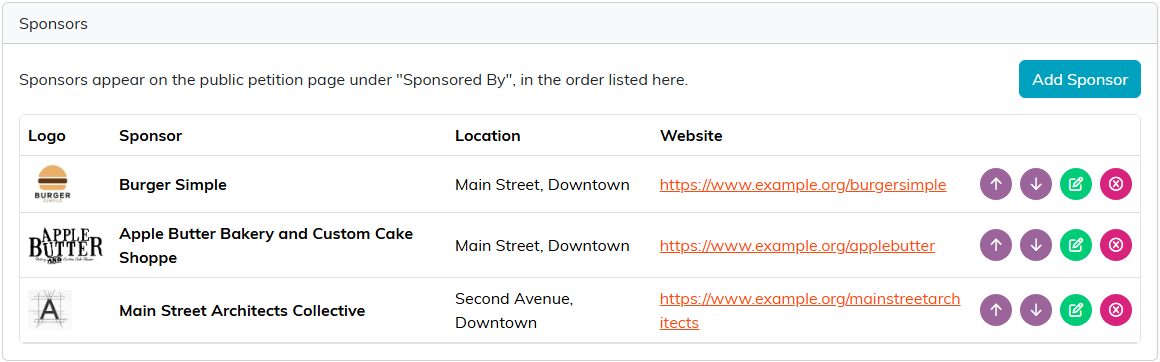 The Sponsors tab listing three sponsors with logos, locations and websites, with Add Sponsor and the move, edit and delete icons