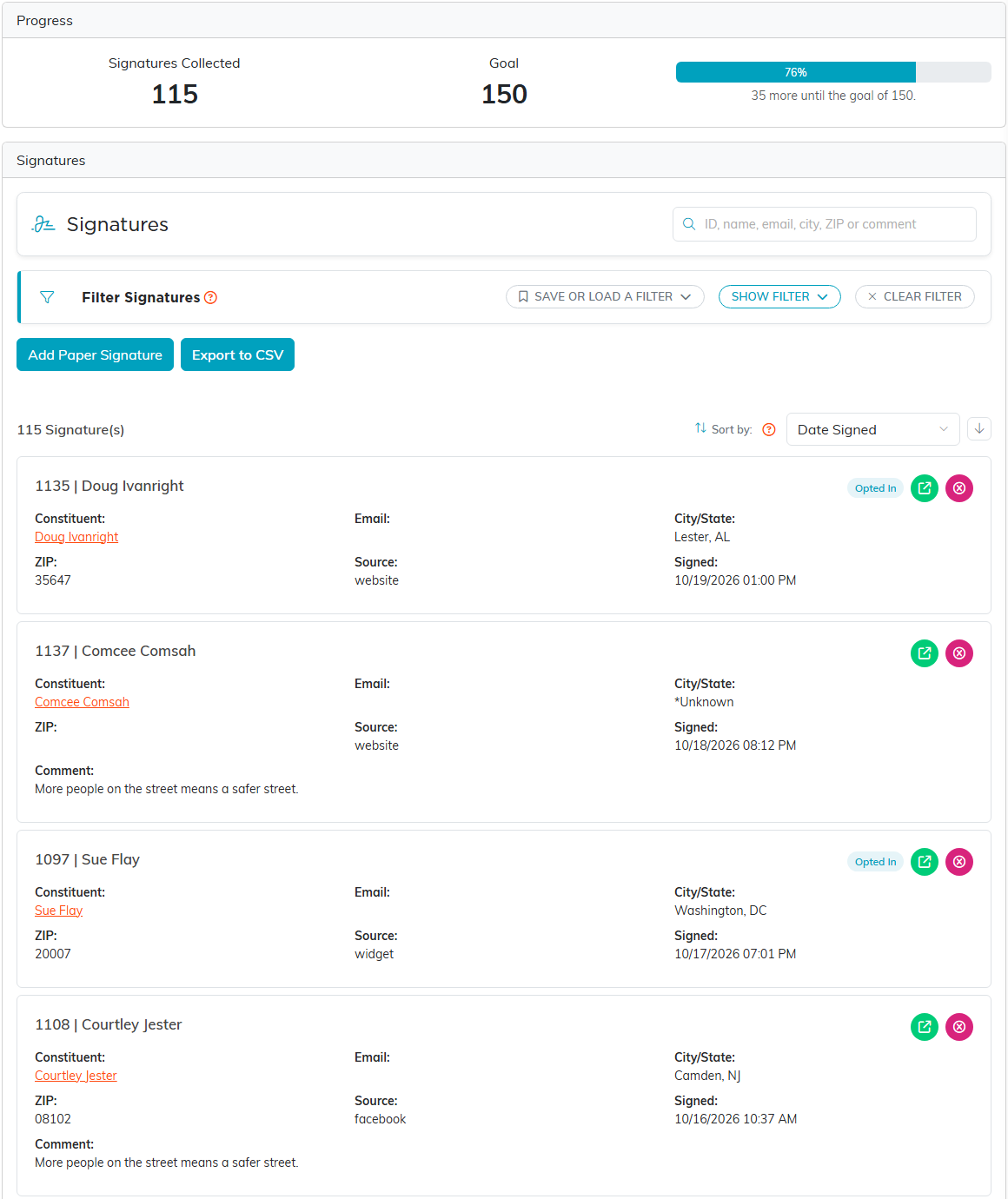 The Signatures tab with the Progress card, Add Paper Signature, Export to CSV and signatures showing source, city, ZIP, date signed and Opted In tags