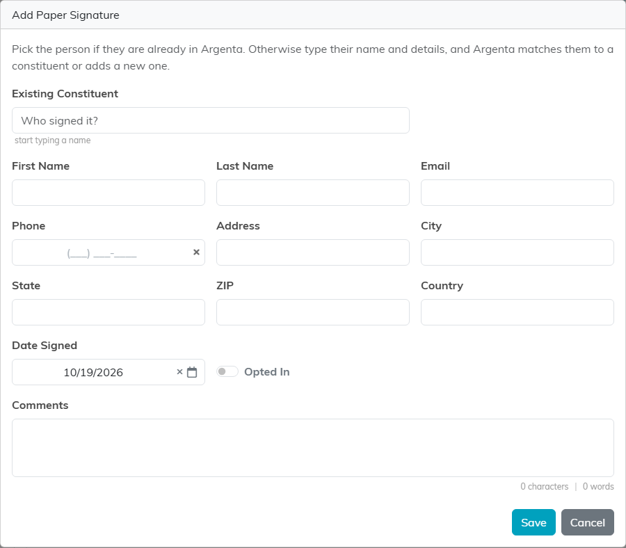 The Add Paper Signature dialog with Existing Constituent, name and address boxes, Date Signed, Opted In and Comments
