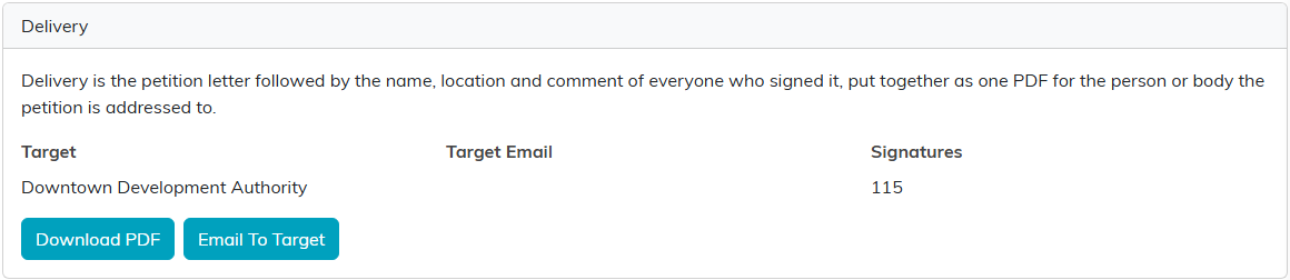 The Delivery tab showing the target and signature count with Download PDF and Email To Target