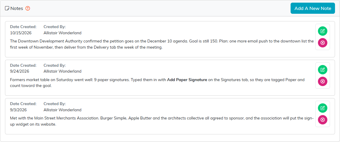The Petition Notes tab with three dated notes and Add A New Note