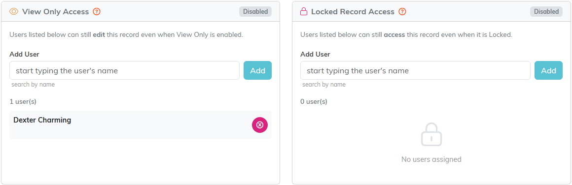 The Record Permissions tab with View Only Access listing one user and Locked Record Access empty