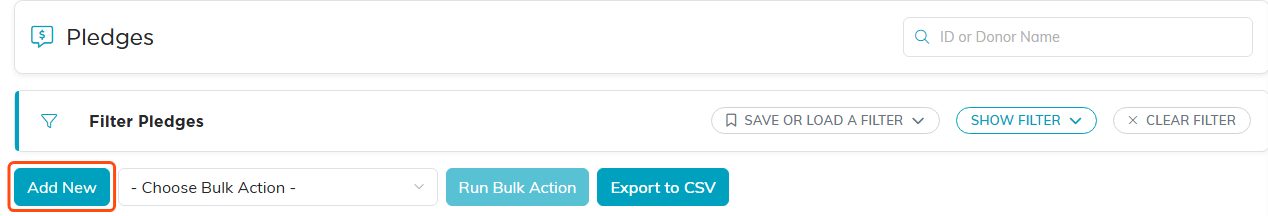 The top of the Pledges list with Add New highlighted
