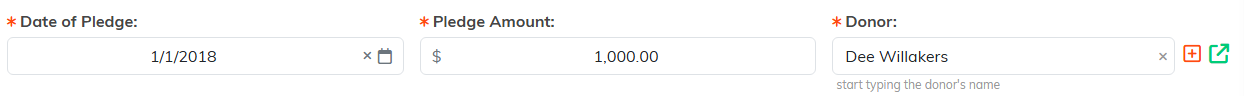 The Date of Pledge, Pledge Amount and Donor fields