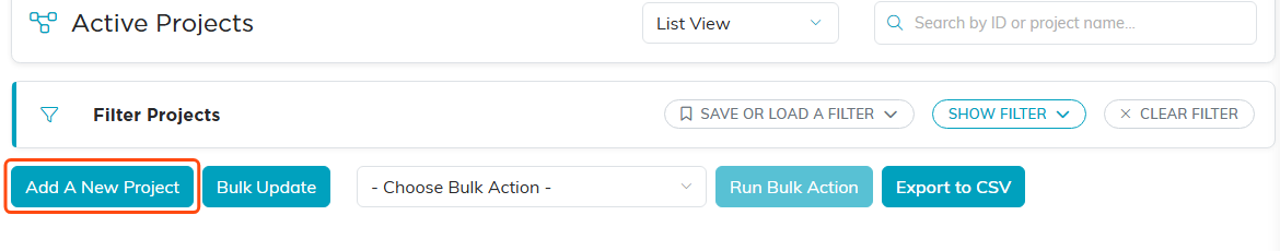 The project list header with the view selector and Add A New Project