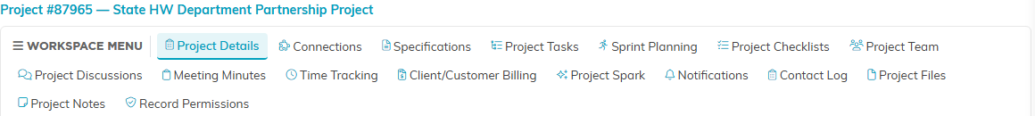 The project workspace menu listing every section