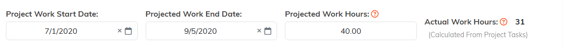 The work start and end dates with projected and actual work hours
