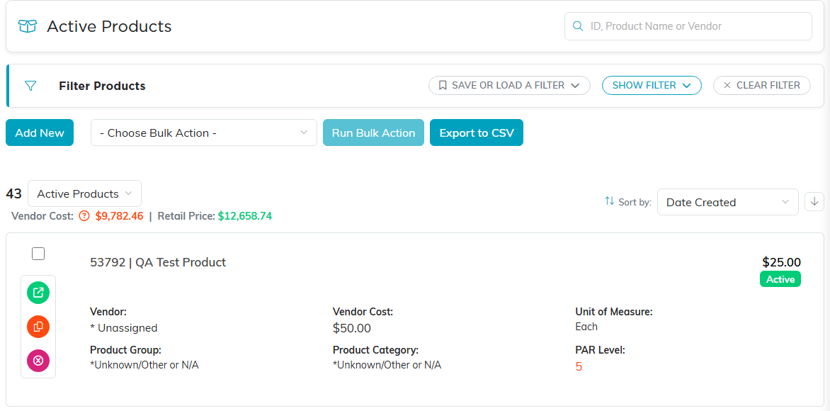 The Active Products list showing a running vendor cost and retail price total above the product rows