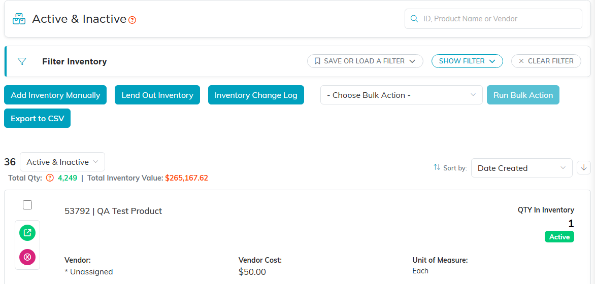 The product inventory list showing total quantity and total inventory value above the items, with Add Inventory Manually and Lend Out Inventory buttons