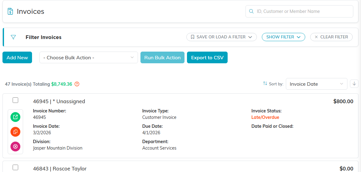 The Invoices list with a total across all invoices and rows showing invoice number, type, status, date and due date