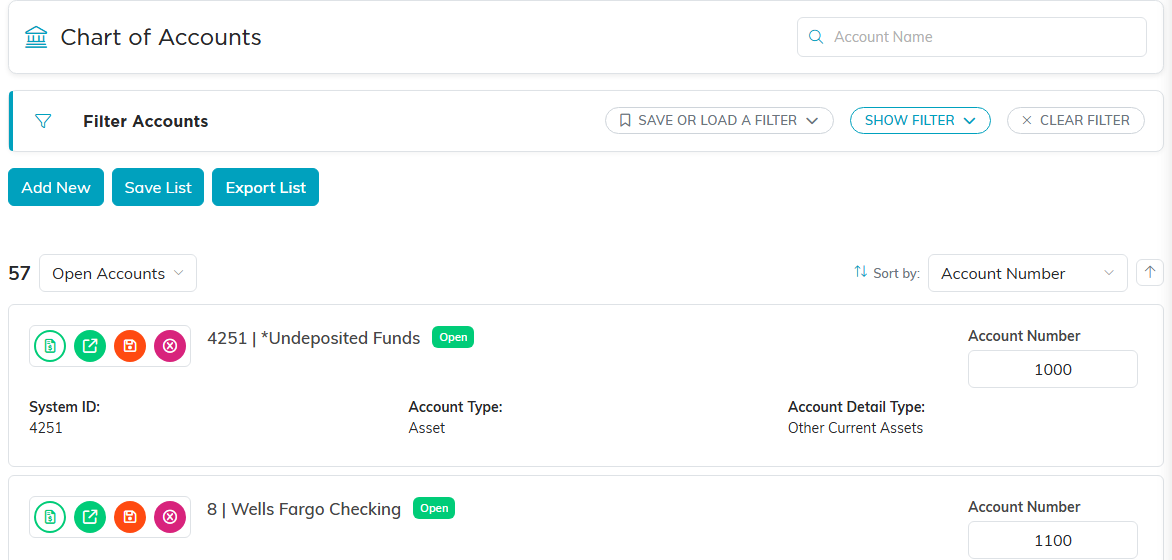 The Chart of Accounts list with a filter bar, an Add New button and Export to CSV