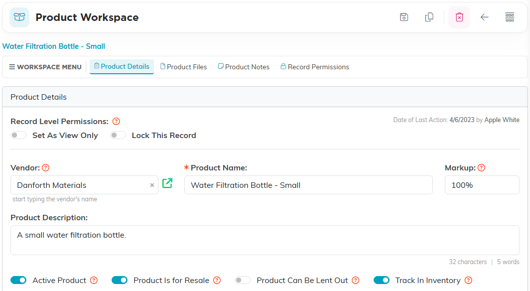 The Product Workspace details tab with vendor, product name, markup, description and switches for Active Product, Product Is for Resale, Product Can Be Lent Out and Track In Inventory