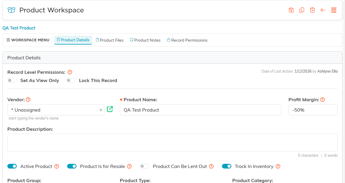 The Product Workspace details tab with vendor, product name, profit margin, description and switches for Active Product, Product Is for Resale, Product Can Be Lent Out and Track In Inventory