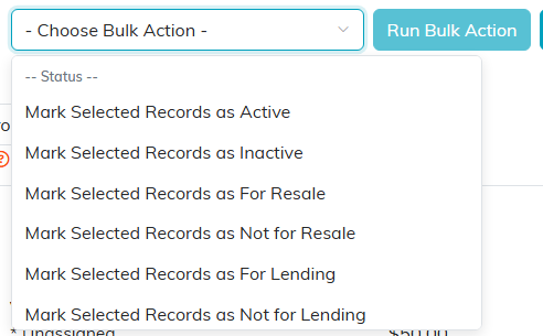 The Choose Bulk Action menu on the Products list, showing the Status actions