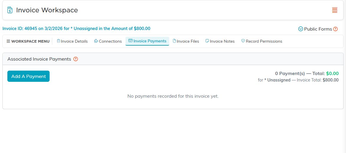 The Invoice Payments tab with an Add A Payment button, a payment count and the invoice total
