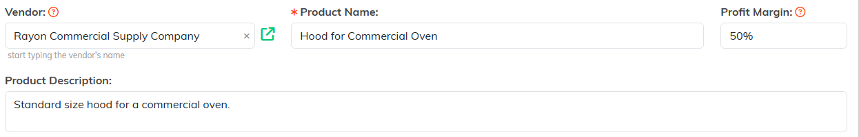 The Vendor, Product Name, Profit Margin and Product Description fields