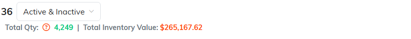 The inventory list header showing the item count, total quantity and total inventory value