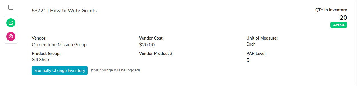 A product row on the inventory list with quantity on hand, cost, unit of measure and par level