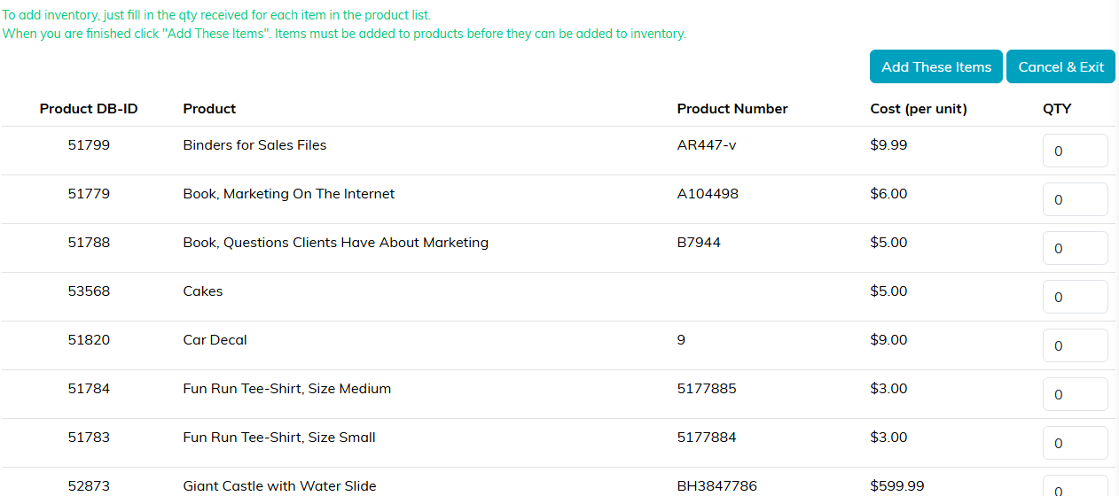 The Add Inventory With No Vendor Order screen listing products with a QTY box on each