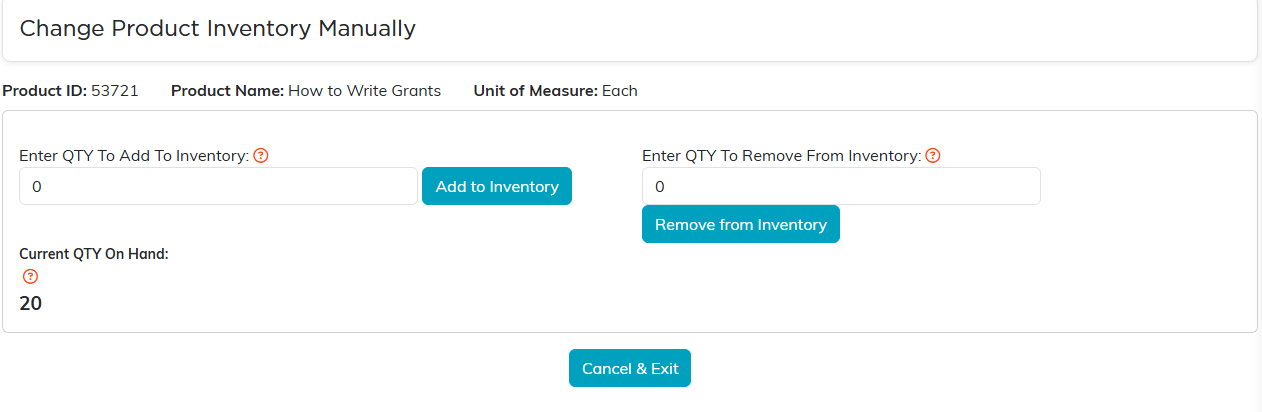 The Change Product Inventory Manually screen with add and remove boxes and the current quantity on hand
