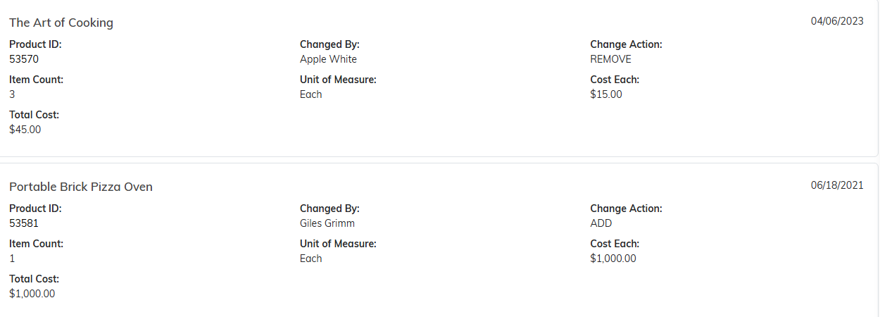 The Product Inventory Change Log listing changes with product, date, who changed it and the action