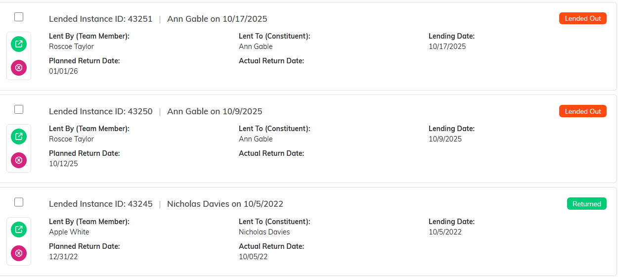 The Inventory Lending Lists showing loans with a Lended Out or Returned status badge