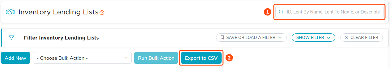 The search box and the Export to CSV button on the Inventory Lending Lists