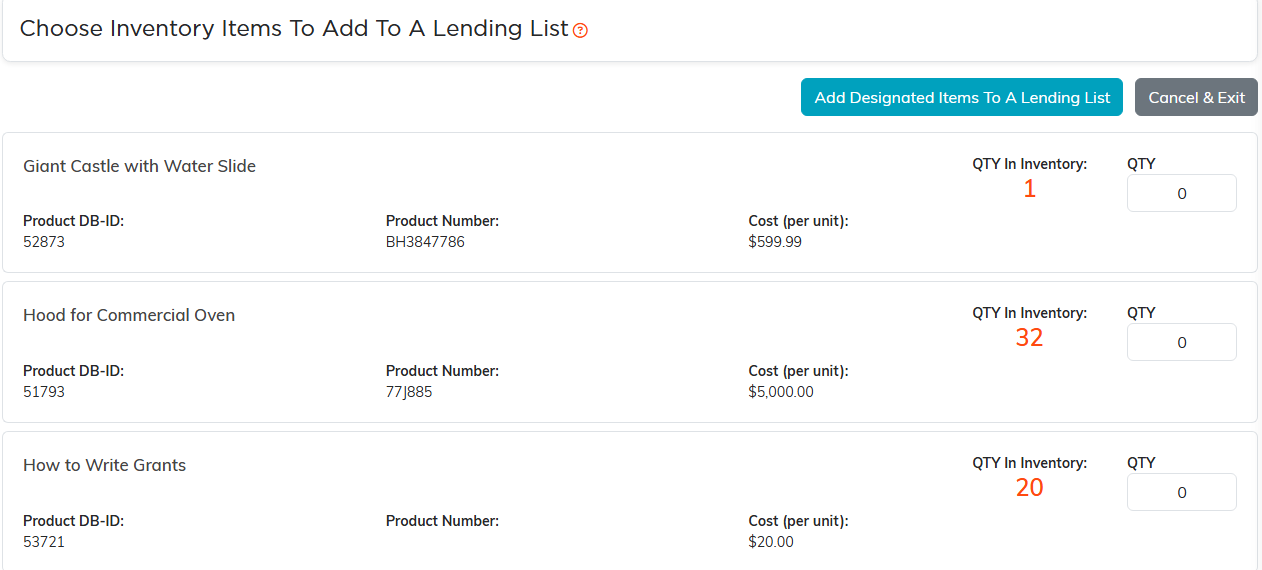 The Choose Inventory Items To Add To A Lending List screen showing Product DB-ID, Product Number and cost per unit