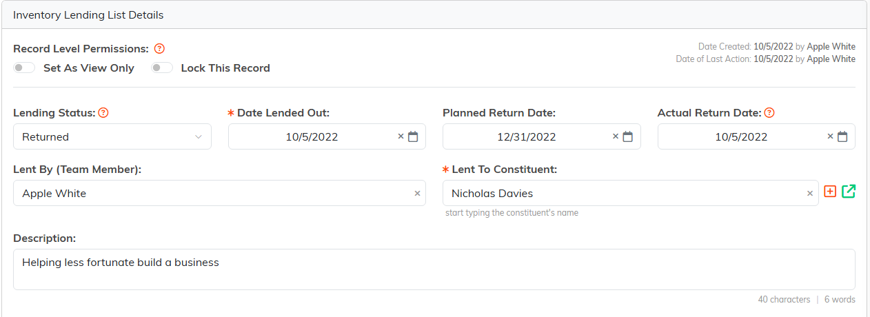 The Inventory Lending List Details page with status, dates, lent by, lent to and description