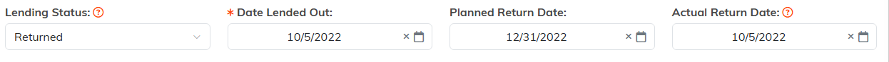 The Lending Status, Date Lended Out, Planned Return Date and Actual Return Date fields