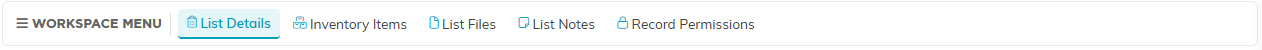 The Inventory Lending List Workspace menu bar with details, items, files, notes and record permissions