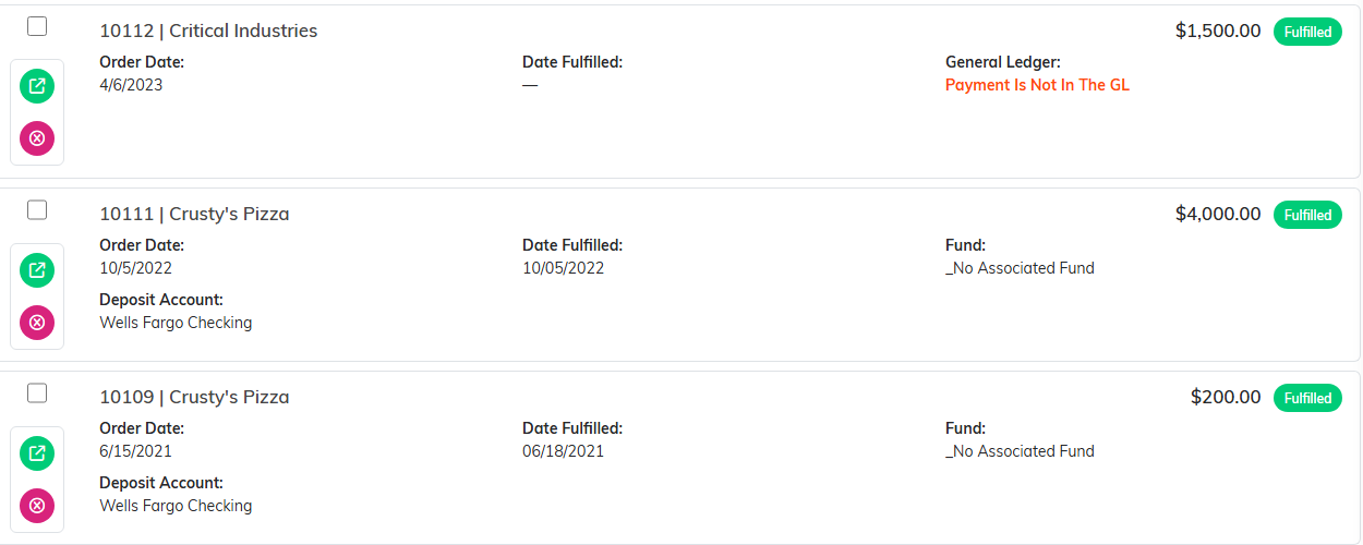 The Orders list showing orders with their date, fulfilled date, total and status