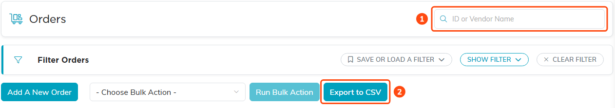 The search box and the Export to CSV button on the Orders list