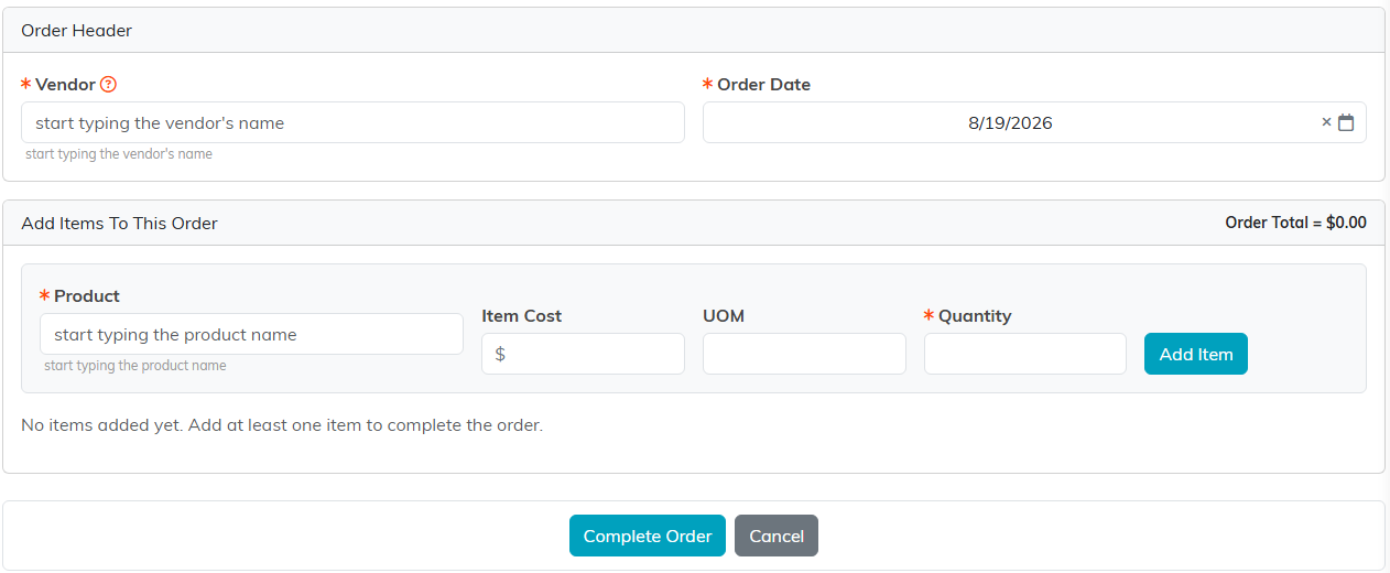 The Add A New Order screen with the Order Header and the Add Items To This Order panel