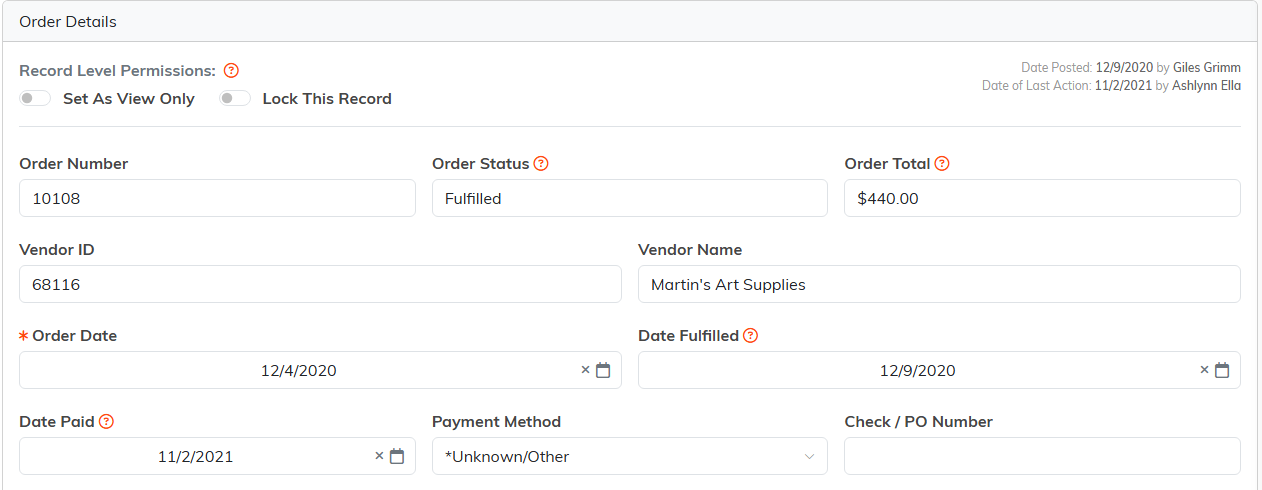 The Order Details page with order number, status, total, vendor and the order dates