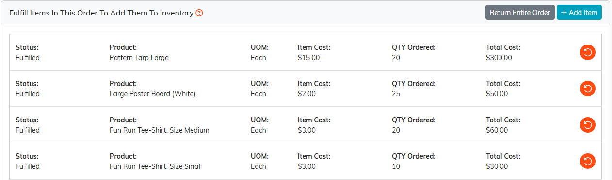 The Fulfill Items In This Order To Add Them To Inventory panel with a line for each product