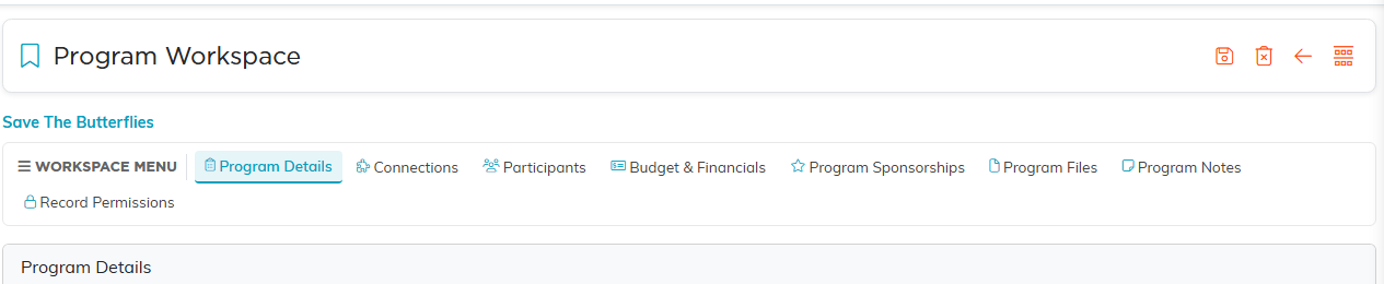 The Program Workspace menu showing Program Details, Connections, Participants, Budget and Financials, Program Sponsorships, Program Files, Program Notes and Record Permissions