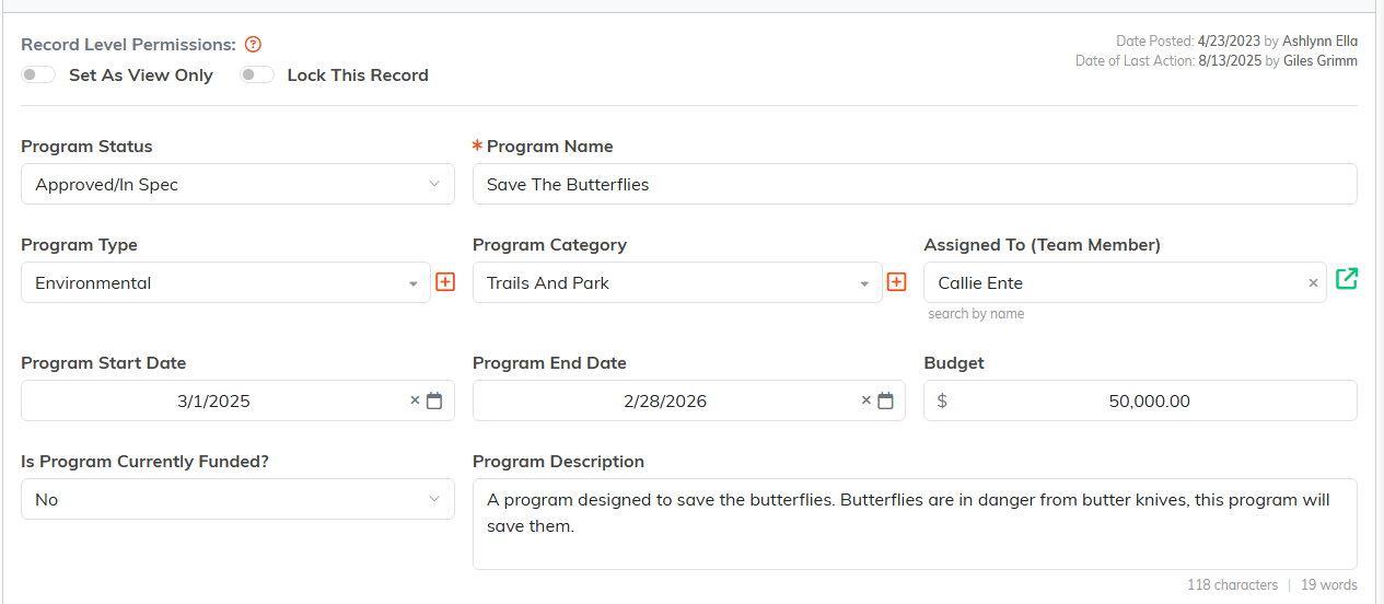 The Program Details page showing Record Level Permissions, Program Status, Program Name, Program Type, Program Category, Assigned To, start and end dates, Budget, funding and Program Description