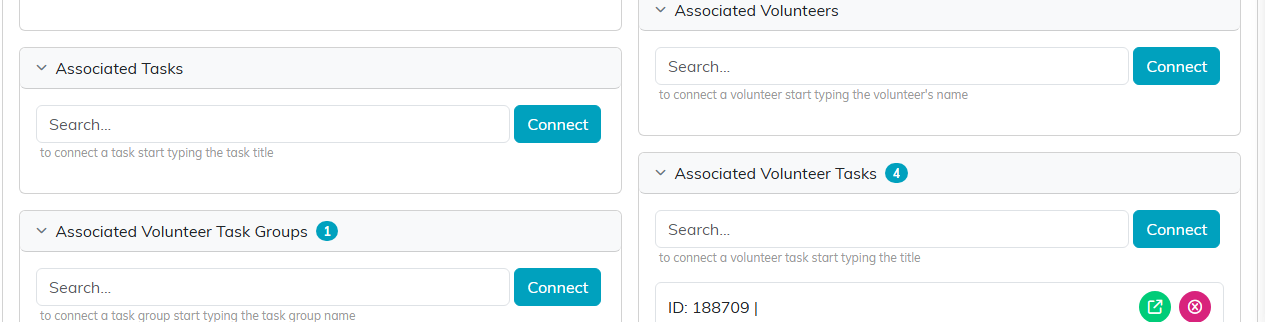 The Connections tab showing the Associated Volunteers, Associated Volunteer Tasks and Associated Volunteer Task Groups panels, each with a search box and a Connect button