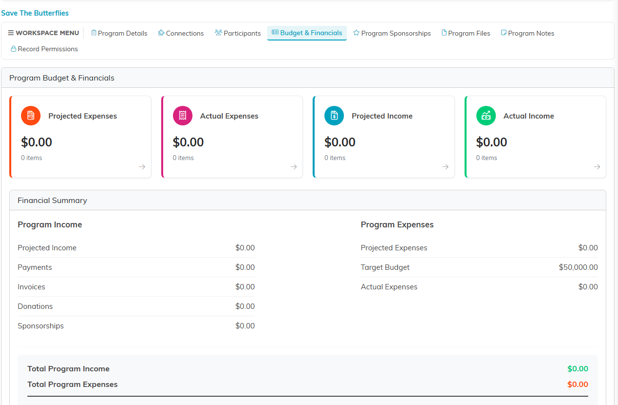 The Budget and Financials tab with the Projected Expenses, Actual Expenses, Projected Income and Actual Income cards above the Financial Summary, which lists Program Income and Program Expenses and their totals