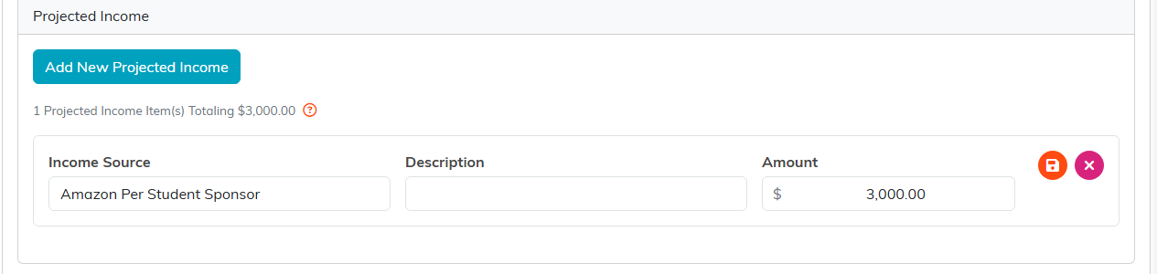 The Projected Income page with the Add New Projected Income button, the item count and total, and a line showing Income Source, Description and Amount