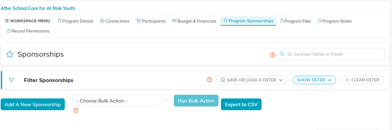 The Program Sponsorships tab with the search box, the Filter Sponsorships panel and the Add A New Sponsorship button