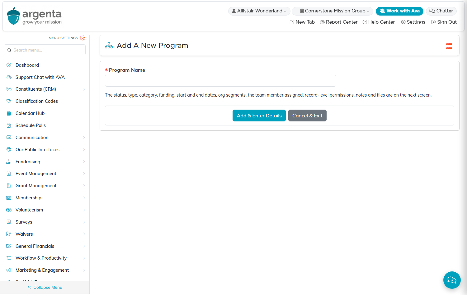 The Add A New Program screen with a single Program Name box, and Add and Enter Details and Cancel and Exit buttons