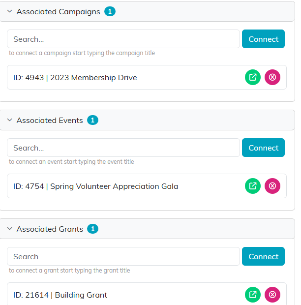 Program Connections panels for Associated Campaigns, Associated Events and Associated Grants, each with a search box and a Connect button