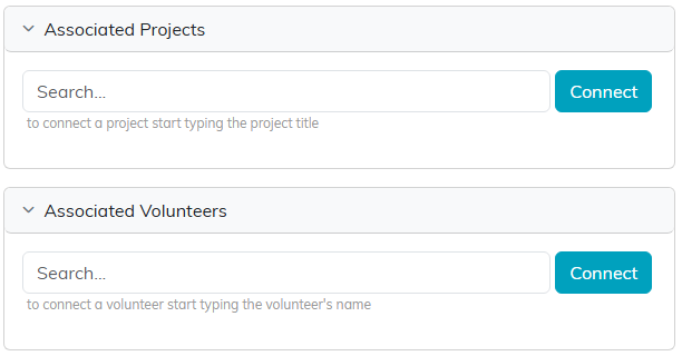 The Associated Projects and Associated Volunteers panels